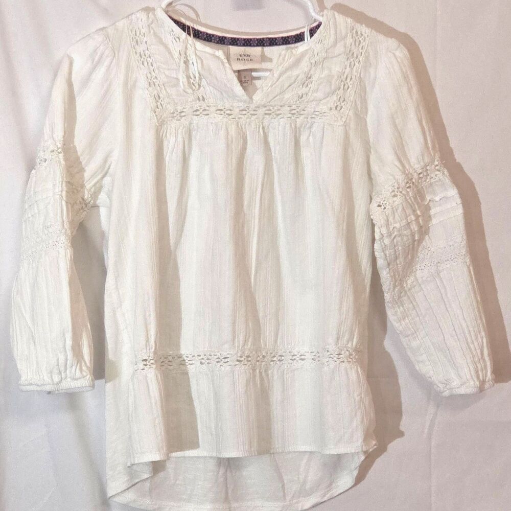 Knox Rose Boho Peasant Blouse Top Crochet Lace Inset Pintuck Slub White Small